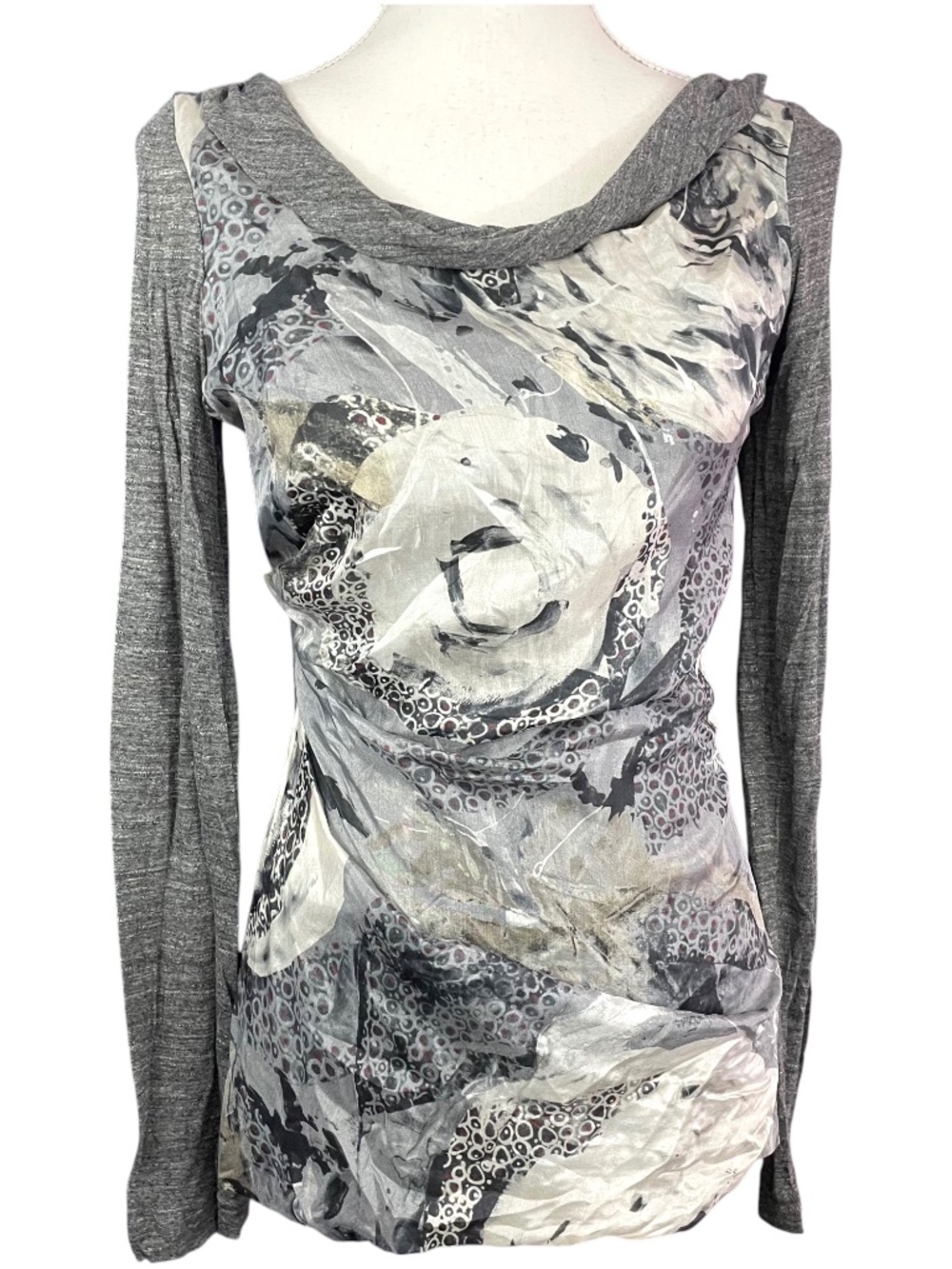 Iris Setlakwe Silk Shirt 4 Gray Abstract Brushstrokes Painted Long Sleeve Top